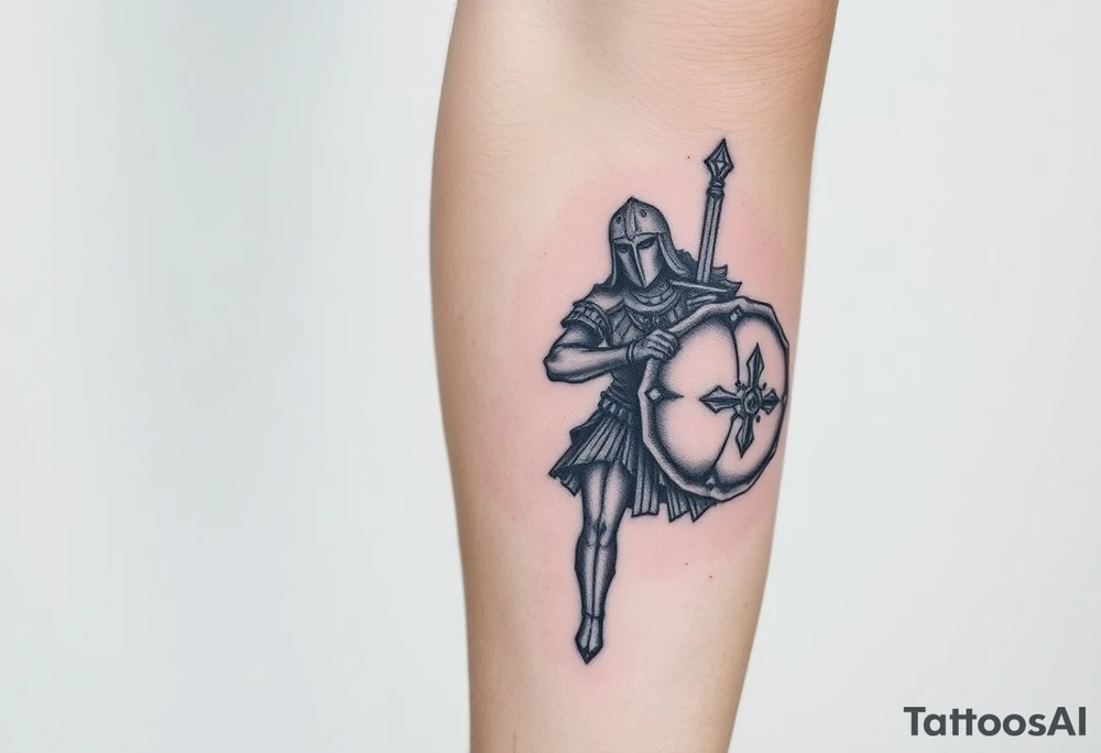 mediaval warrior with sword and shield,
 age of empires style tattoo idea