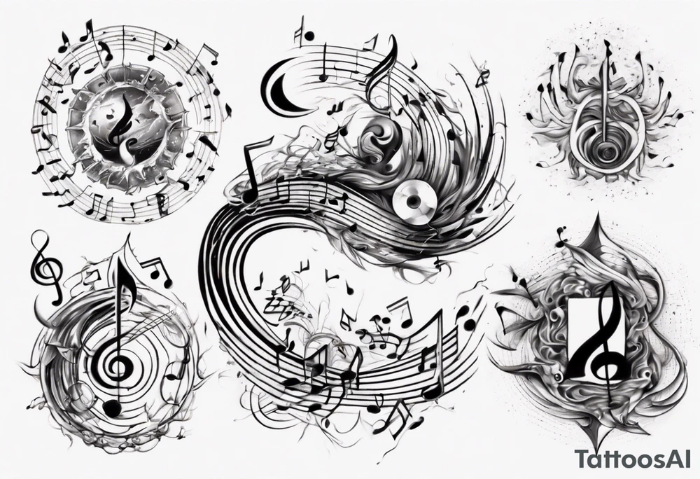 An abstract representation of energy waves merging with musical notes and astrology symbols tattoo idea