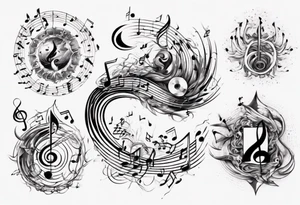 An abstract representation of energy waves merging with musical notes and astrology symbols tattoo idea