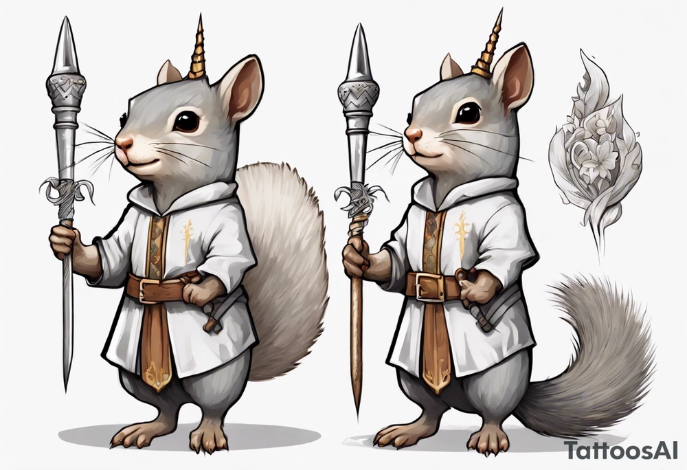 a grey squirrel dressed in a medieval tunic holding a silver unicorn horn spear tattoo idea