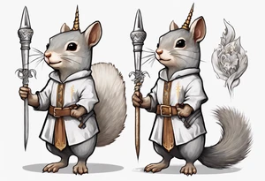 a grey squirrel dressed in a medieval tunic holding a silver unicorn horn spear tattoo idea