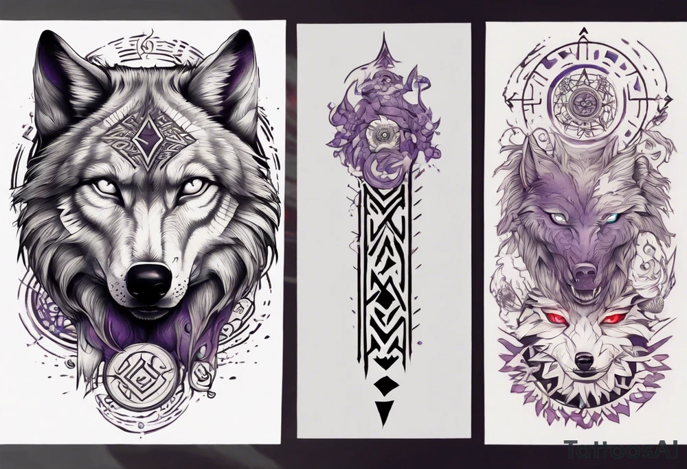 want a half sleeve on my left forearm featuring a wolf with a vegvisir for its purple and red eye, surrounded by Māori patterns and Norse symbols tattoo idea