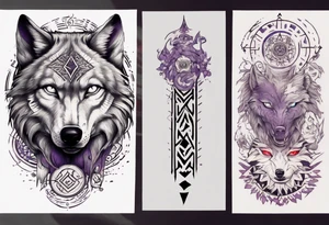 want a half sleeve on my left forearm featuring a wolf with a vegvisir for its purple and red eye, surrounded by Māori patterns and Norse symbols tattoo idea