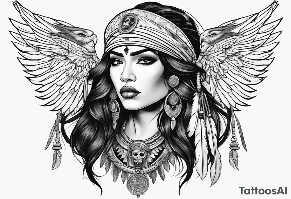 valkrye, kali, pirate, goddess, native american, looking right, wing tattoo idea valkrye, kali, pirate, goddess, native american, looking right, wing tattoo idea