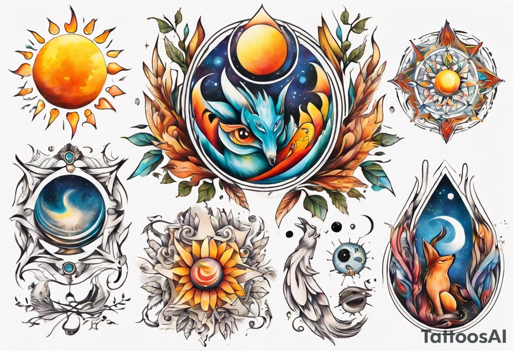 fisch, fuchs und eule , symetrie  sonne, universum, bunt, " sapere aude" tattoo idea