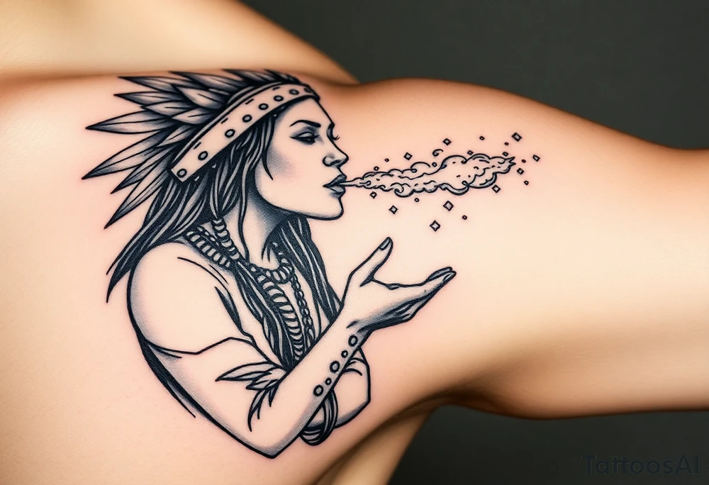 Shamanic women blowing healing dust, facing forward to spectator tattoo idea