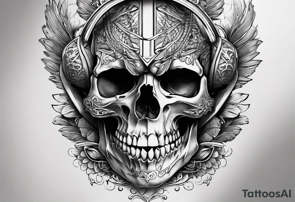 unique tattoo design featuring a skull with strap on the mouth that appears to be releasing or breaking free from its constraints. The design should be intricate, with detailed shading and textures to give it a realistic look. The skull should be positioned on the neck as if it's emerging from the skin. I'd like the design to be bold and eye-catching, with a mix of grey and bright colors to create a striking contrast. tattoo idea
