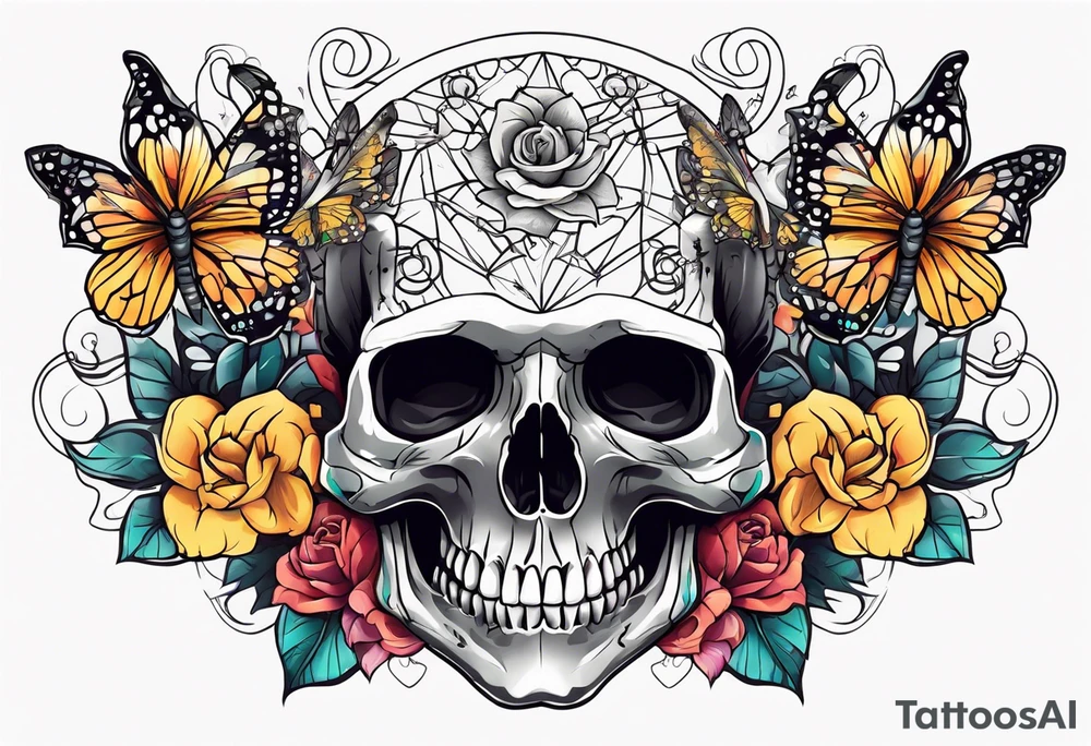 Skull tattoo with a scorpion, butterflies, and flowers tattoo idea