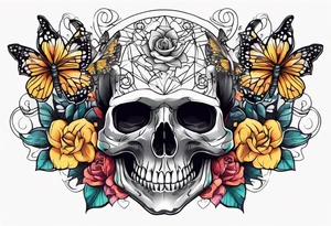 Skull tattoo with a scorpion, butterflies, and flowers tattoo idea