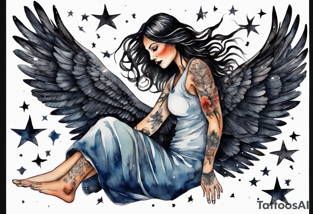 a beautiful 45 year old Dakota woman flying in the night sky with black wings and bare feet tattoo idea