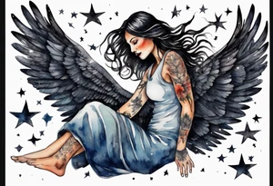 a beautiful 45 year old Dakota woman flying in the night sky with black wings and bare feet tattoo idea