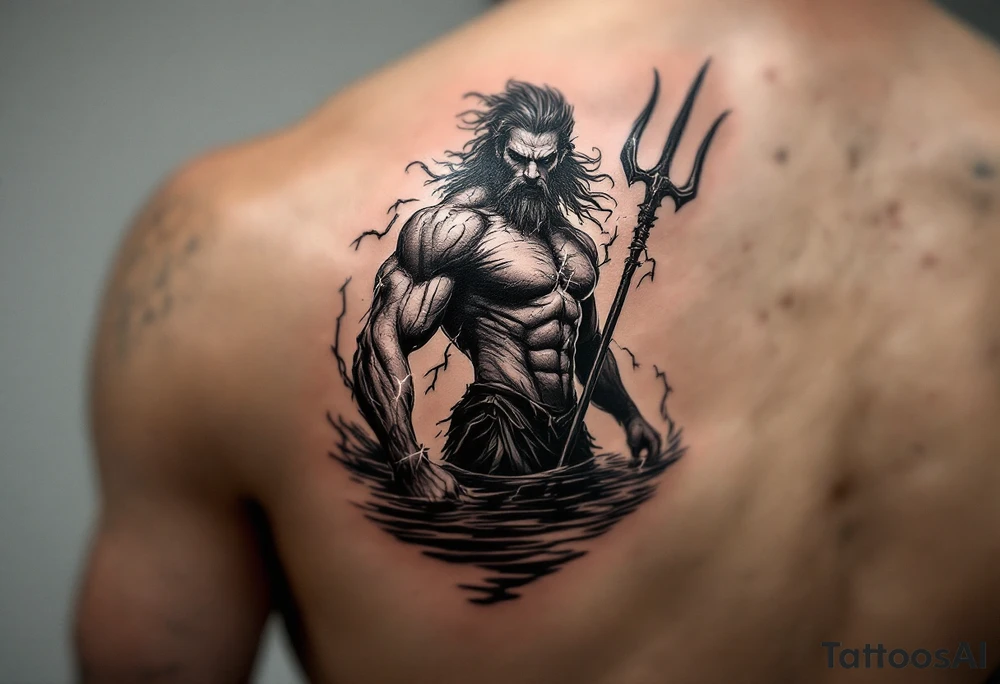 fit poseidon, behind a trident, with lightning, in calm water tattoo idea
