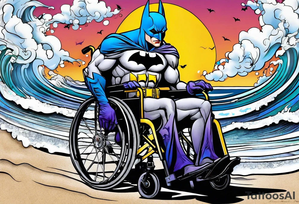 realistic batman fighting Joker from a wheelchair on the beach tattoo idea