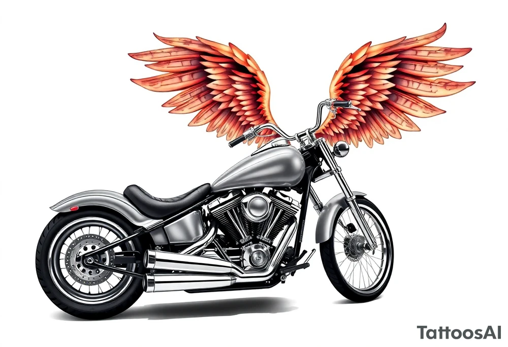 Low rider grey motorcycle, big muffler pipes with flames, angel wings tattoo idea