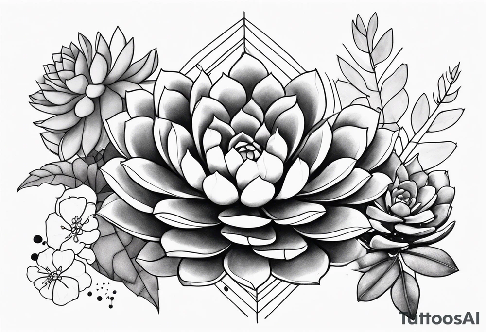 fine line. one big succulent in the middle. One smaller succulents on each side. Dots and floral
. Sternum tattoo grey scale shading tattoo idea