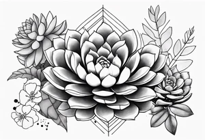 fine line. one big succulent in the middle. One smaller succulents on each side. Dots and floral
. Sternum tattoo grey scale shading tattoo idea