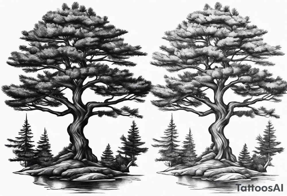 Pine tree conected with reflecting junpier tree tattoo idea