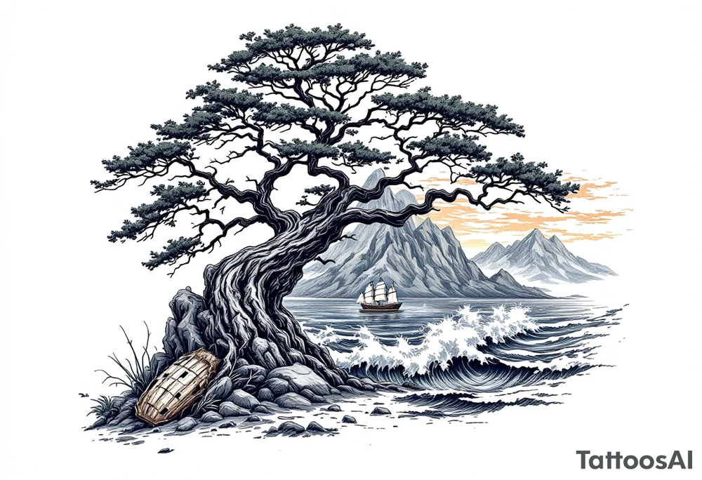 acacia tree with mountains and the ocean and a ship wreck tattoo idea