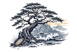 acacia tree with mountains and the ocean and a ship wreck tattoo idea