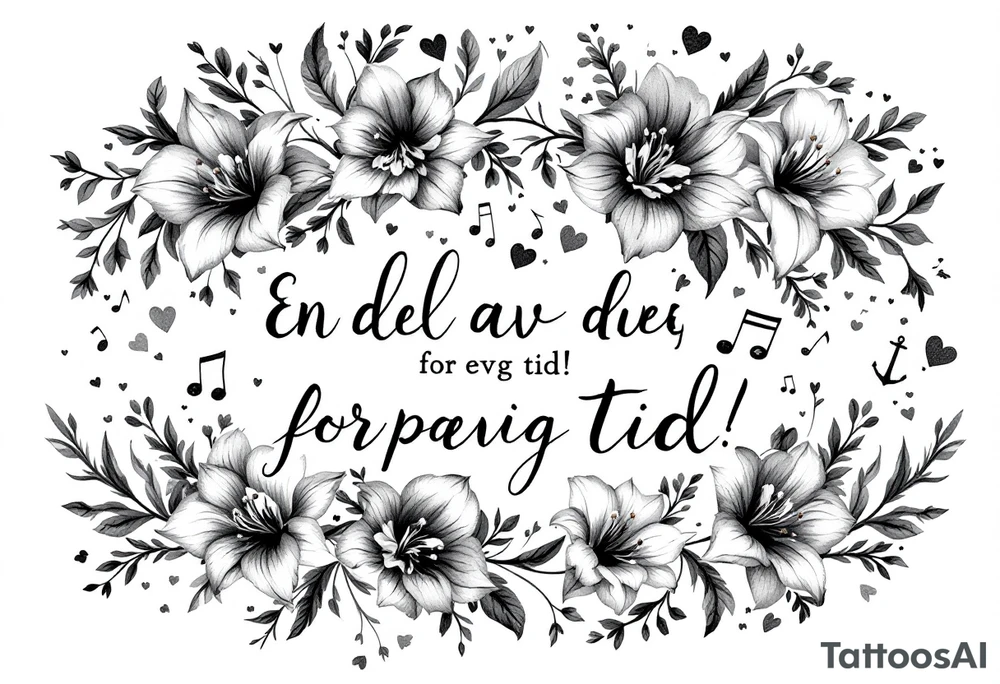 Quote in two rows; En del av deg for evig tid! Pappa, 20.12.24. Surround the quote with gladioluses on both sides, hearts, music notes and an anchor. tattoo idea