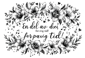 Quote in two rows; En del av deg for evig tid! Pappa, 20.12.24. Surround the quote with gladioluses on both sides, hearts, music notes and an anchor. tattoo idea