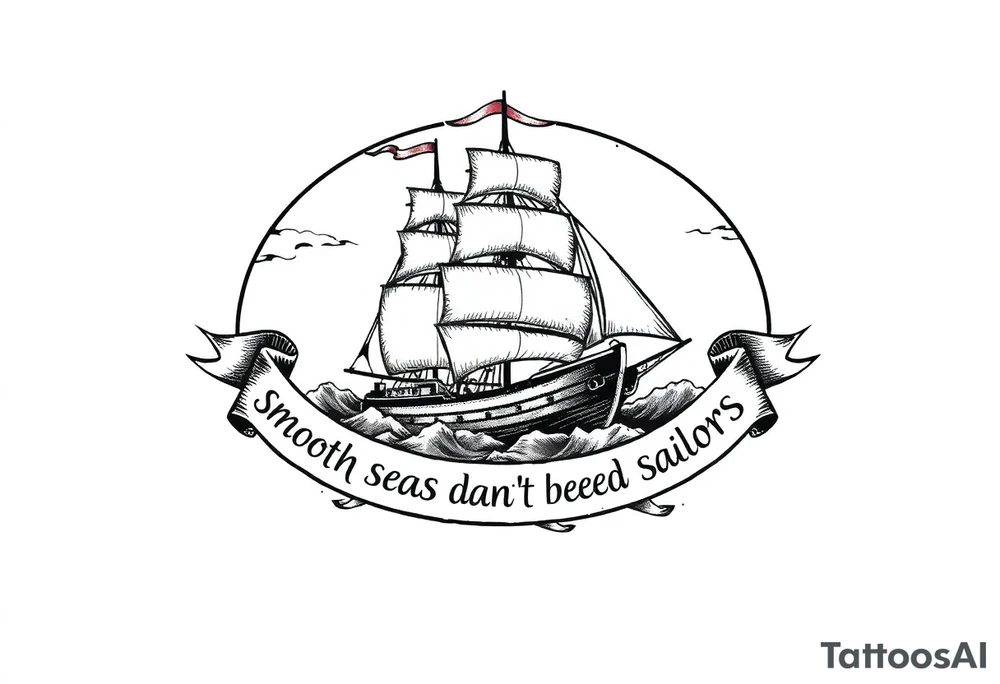 Can you please create an oval design of a ship in rough seas with the words “smooth seas don’t make good sailors” on the ribbon? tattoo idea