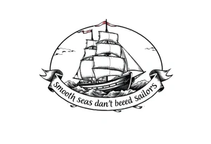 Can you please create an oval design of a ship in rough seas with the words “smooth seas don’t make good sailors” on the ribbon? tattoo idea