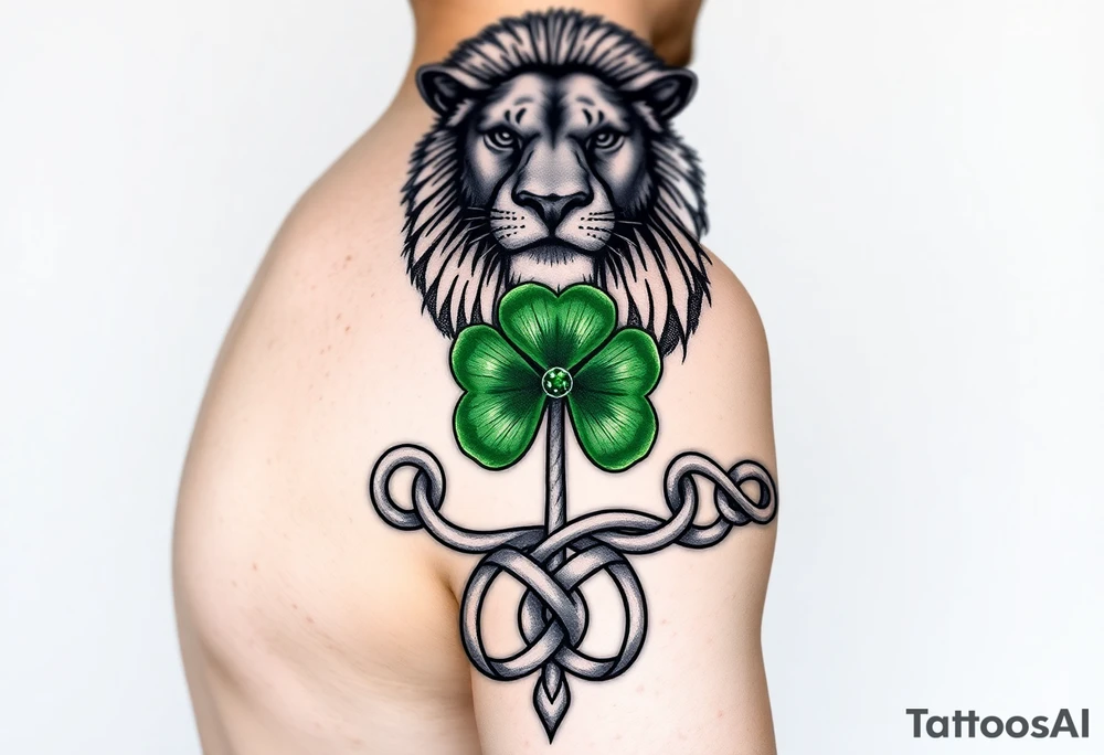 Show on a man's arm. Create a men's half-sleeve tattoo featuring a mighty, majestic face-forward lion at the top of the shoulder. Extend the bottom of the lion's mane to create open and shaded Celtic knots that travel down the arm. Add a hyper-realistic Celtic shamrock with green peridot jewel petals and an organic stem. Continue the knots to intersect with a Celtic warrior armband that wraps the arm just above the elbow. tattoo idea