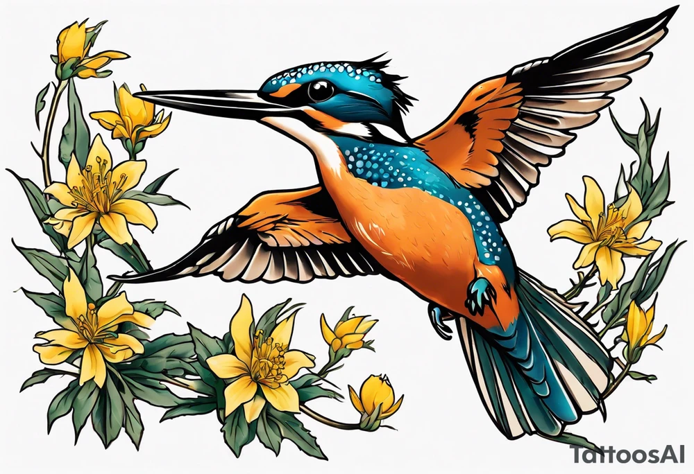 Thigh tattoo of a Kingfisher taking flight surrounded by St John's Wort flowers tattoo idea
