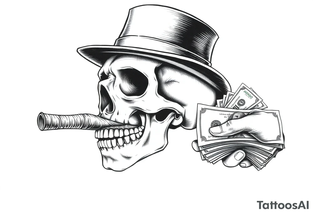 skull with mustache,a big cigar in his mouth,a top-hat on his head and alot of money in a hand. tattoo idea