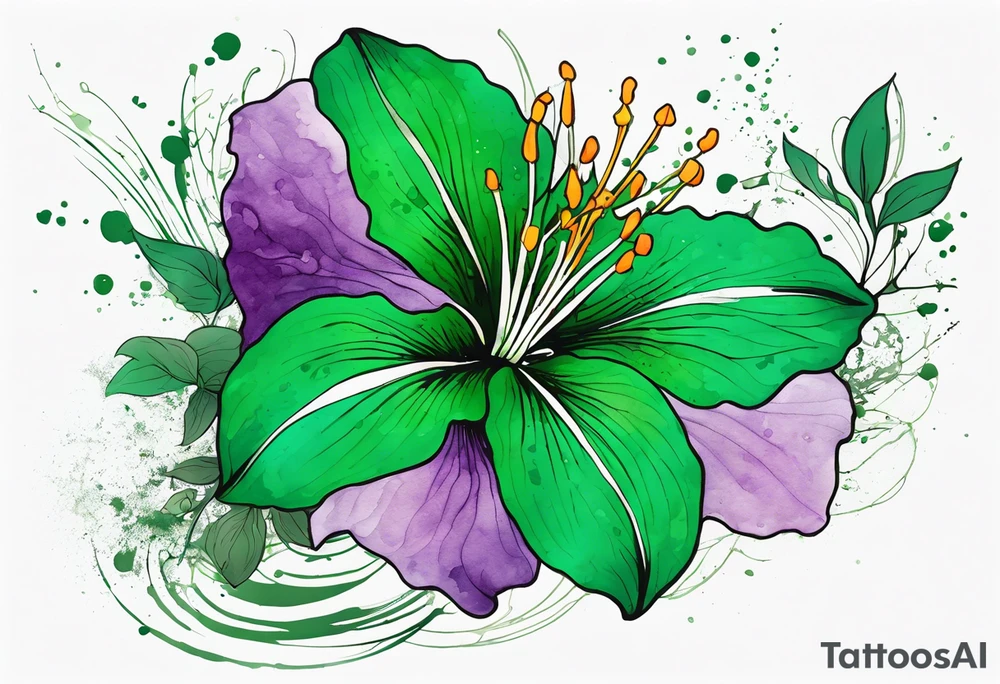 An outline of a green rio dipladenia flower and a green/purple watercolor splash in the background tattoo idea