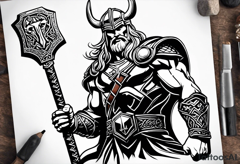 Thor with him holding mjolnir and a vignette of viking rune design tattoo idea