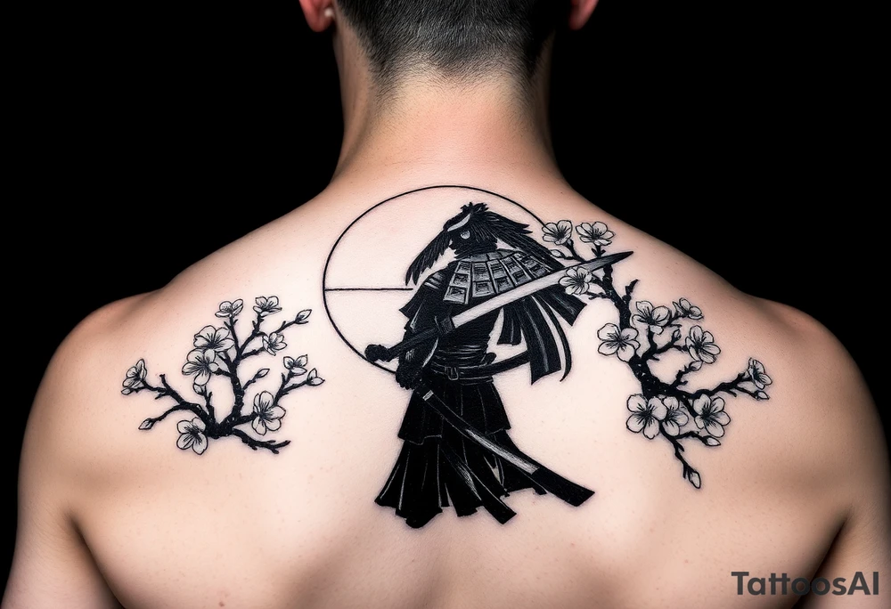 noble samurai warrior silhouette at sunset with cherry blossoms tattoo idea