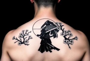 noble samurai warrior silhouette at sunset with cherry blossoms tattoo idea