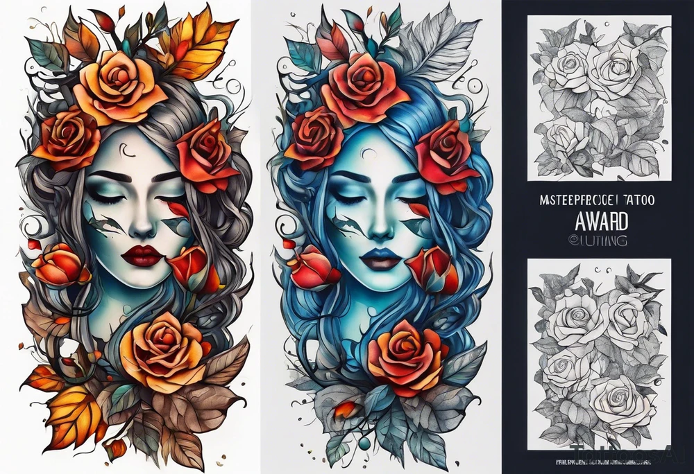 Front knee tattoo with fall colors, small flowers, rose, leaves, blue water flows with washes and background tattoo idea