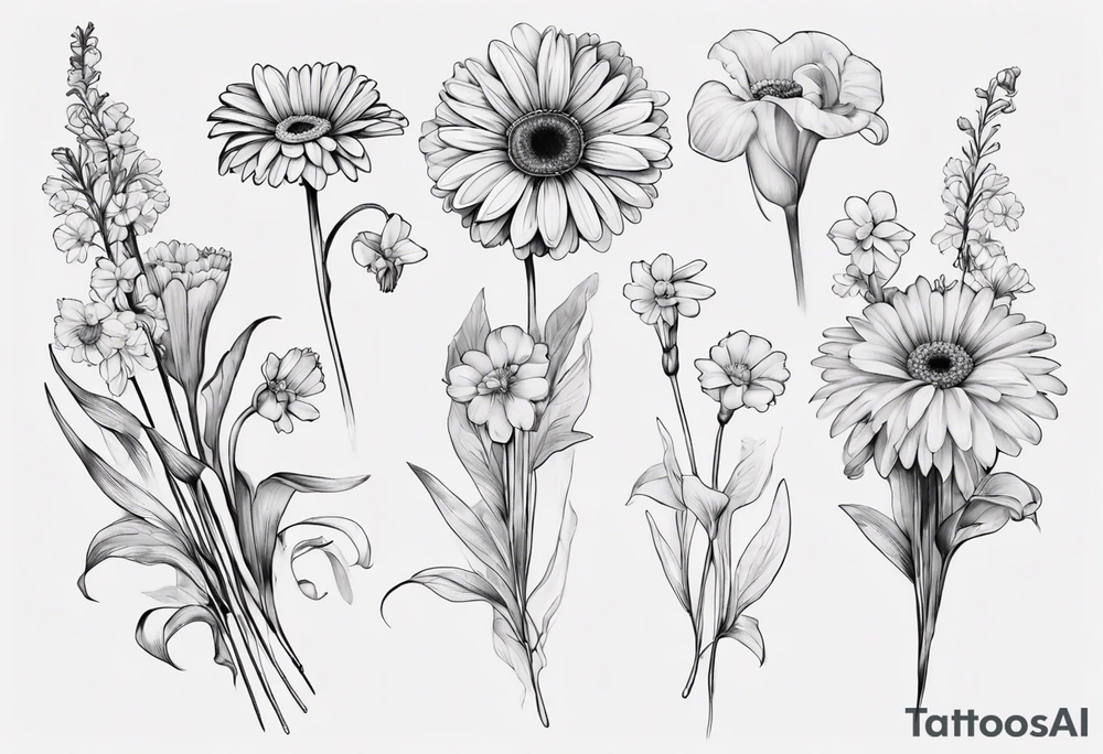 a fine line, dainty bouquet of a gerbera daisy, an iris, blue bells, and forget me nots, tied together with a small bow. no shading or realism. a small line work piece tattoo idea