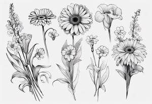 a fine line, dainty bouquet of a gerbera daisy, an iris, blue bells, and forget me nots, tied together with a small bow. no shading or realism. a small line work piece tattoo idea
