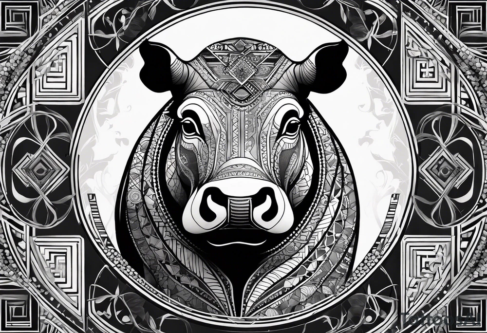 Very asymmetrical, +geometric pattern, with realistic full moon, with hippo,+tribal, +geometric, +inkart , +blackwork, +grey scale, + sketch
with wintersweet flower bud, +for men, detailed layering , modify from my favourites , dont look like a cow tattoo idea