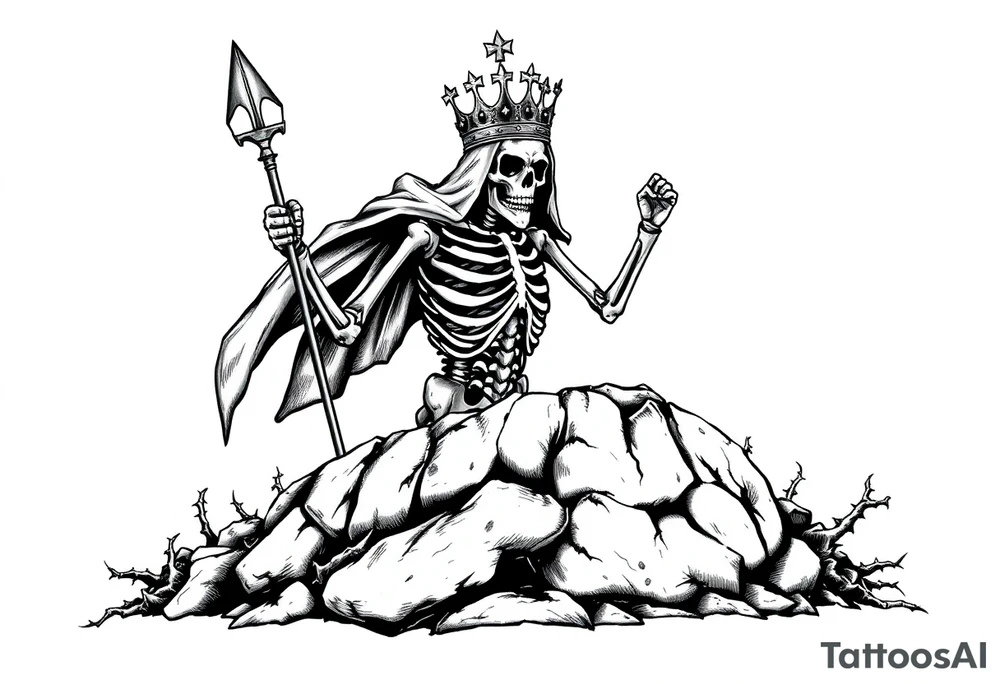 A crowned skeletal warrior rising from a stone barrow, cloaked in shadows and thorns. tattoo idea