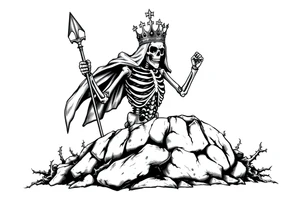 A crowned skeletal warrior rising from a stone barrow, cloaked in shadows and thorns. tattoo idea