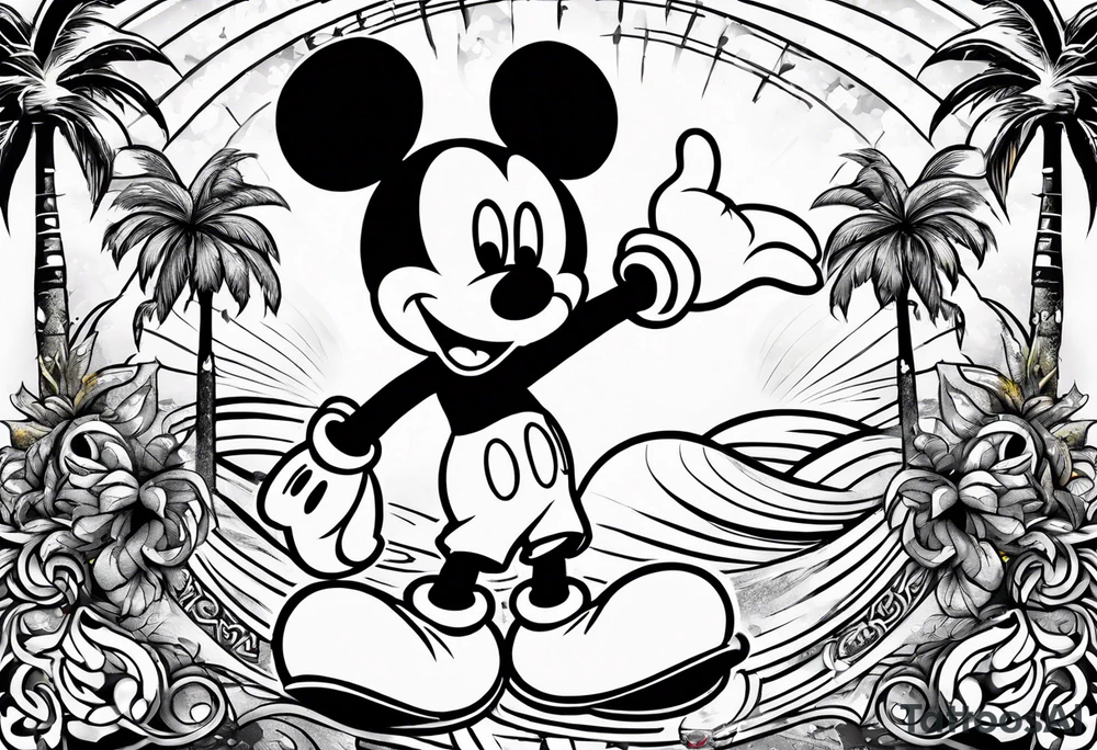 mickey mouse in a lightning storm with palm trees and the celtic symbol for family tattoo idea