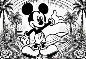 mickey mouse in a lightning storm with palm trees and the celtic symbol for family tattoo idea