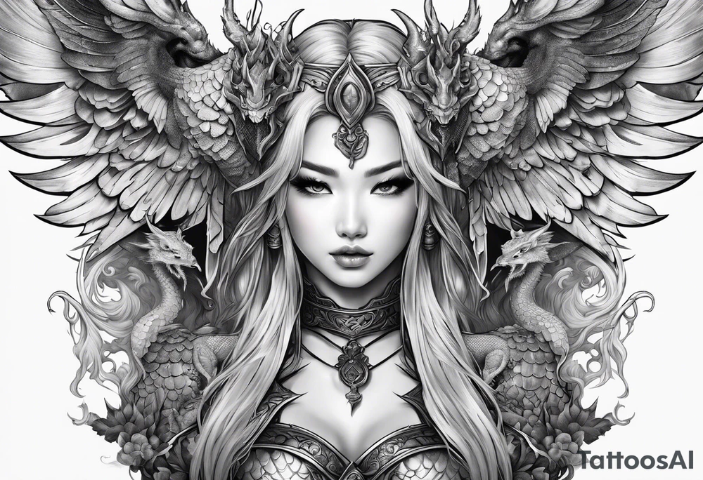 beautiful warrior nymph with wings and a dragon friend tattoo idea