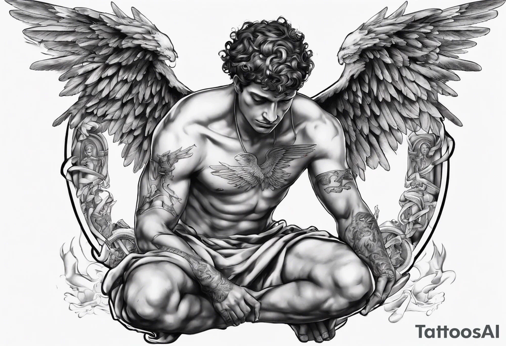 God hermes kneeling with wings wrapped around him tattoo idea