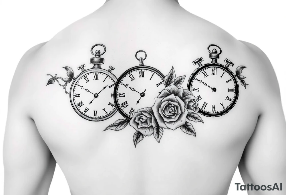Different clocks with different times showing and for the filler something that compliment roses for males tattoo idea