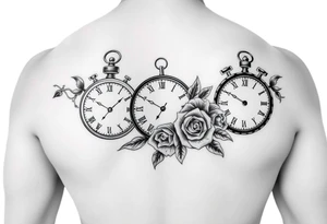 Different clocks with different times showing and for the filler something that compliment roses for males tattoo idea