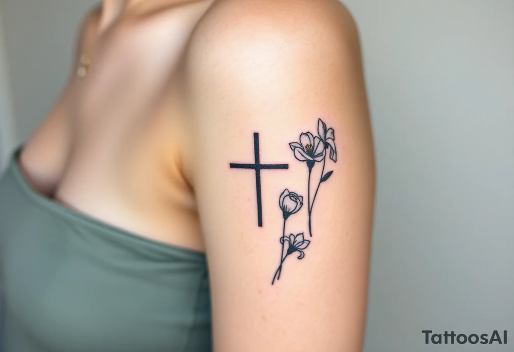 tattoo with one side representing death and the other life. (from death to life) with a simple cross down the middle. The life side I's like the following flowers: Morning Glory, Lily of the Valley, Daffodil, Rose, Poppy, and Iris tattoo idea