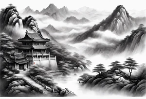 forearm sleeve traditional chinese art painting style autumn mountains mist fog water Chinese temple 2 male philosophers wearing robes seated drinking tea far away in the distance tattoo idea