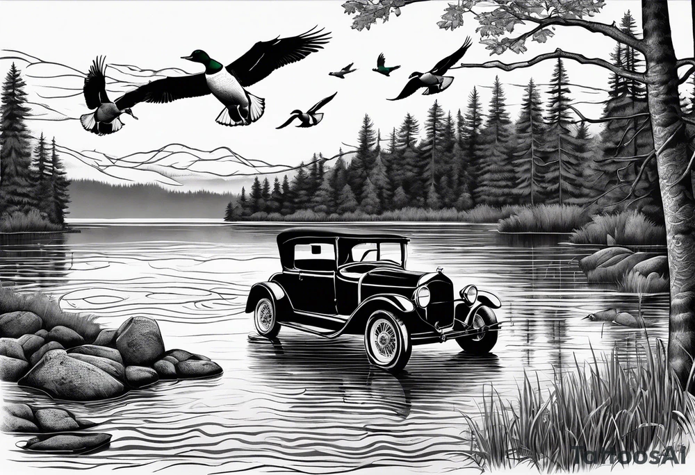 Wooded area with lake, mallards flying, and a model t tattoo idea