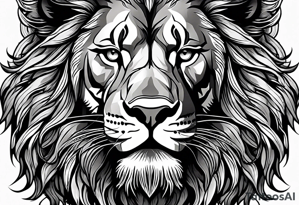 A roaring lion’s face with a flowing mane, emphasizing strength and courage, detailed fur textures tattoo idea